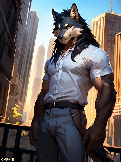 4k, high resolution, best quality, perfect colors, perfect shadows, perfect lighting, posted on e621, (by Chunie, by canyne khai, by t.y.starale), male, furry, Wolf anthro, orange eyes, (Realistic eye details 1.2), white shirt and bright gray trousers wear...