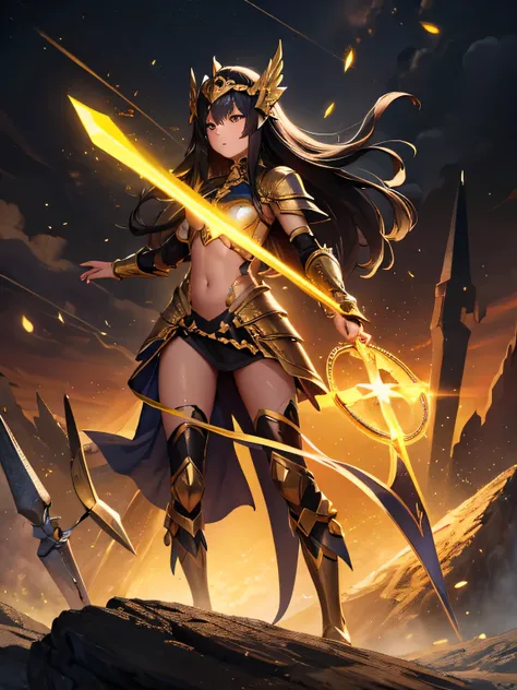 On a battlefield, magic, warrior, earth, 1girl, dark hair, yellow octagon magic crystal on hand, glowing, fantasy, paladin armor, head piece, full body,