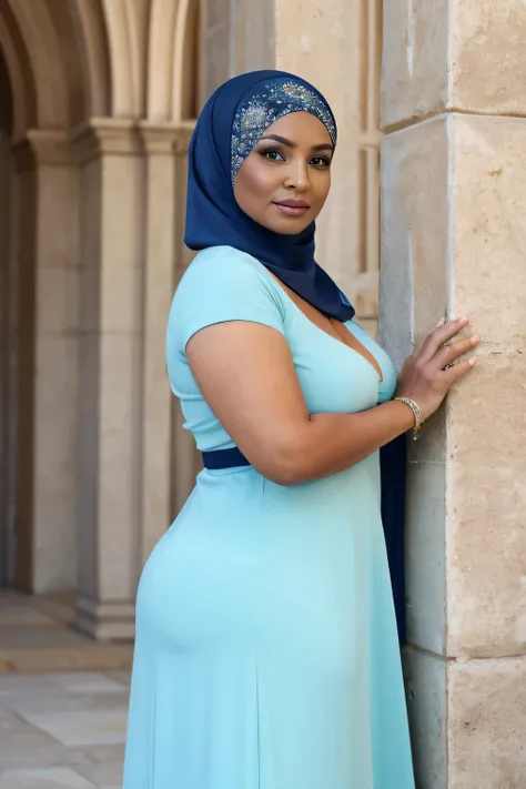 moda gorda, uma velhinha bonita, 60 anos de idade, curvy body, (usando um hijab), usando um lindo vestido, realista, gordinho, i...