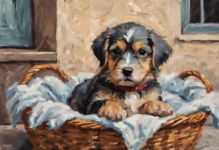 Impasto style, splatter art, thick wet oil paints, bright soft colors, heavy brushstrokes, a cute little puppy in a basket wrapped up in a blanket, at the doorstep, view from above