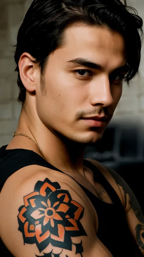 ((best quality)), ((masterpiece)), (detailed), perfect face, close-up portrait middle man with tattoo, wear black sleeveless shirts