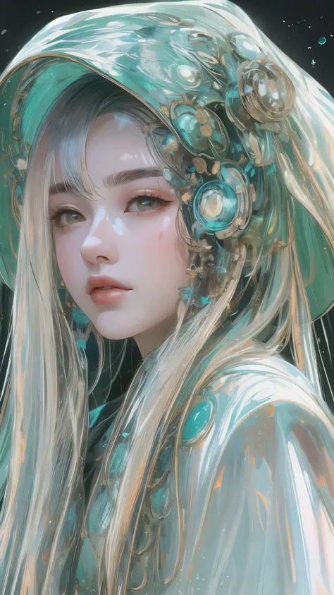 Tang suit，Chinese Hanfu，face close-up，a image of a woman wearing colorful robot tech, in the style of free-flowing surrealism, shiny/glossy, precise and lifelike, hard surface modeling, precisionist lines, light silver and azure, engineering/construction a...