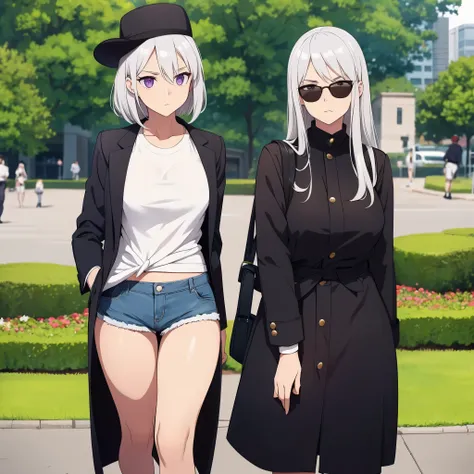 a woman wearing a white shirt, womens short denim shorts, coat over her waist, casual black hat, silver hair, purple eyes, wearing sunglasses in a park
