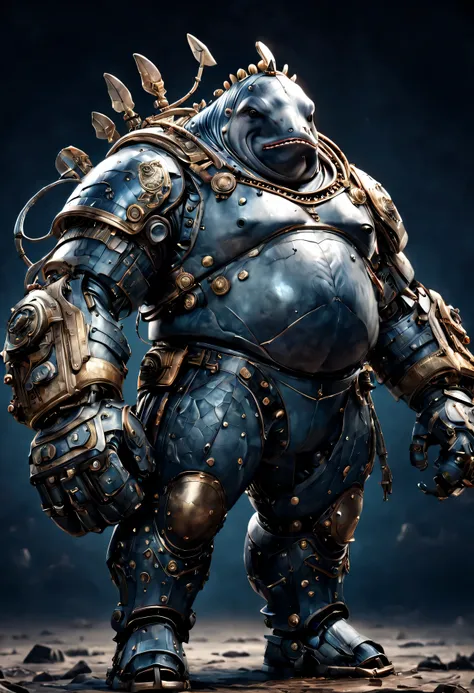 photorealistic portrait of Dressed animals - a ((fat)) whale warrior,(brave pose), high quality,(lovely) ,intricate detailed giant mechanical arms, highly detailed ((mechanical armor) ,,highly detailed decorations, , (brave), studio lighting,(full body ima...