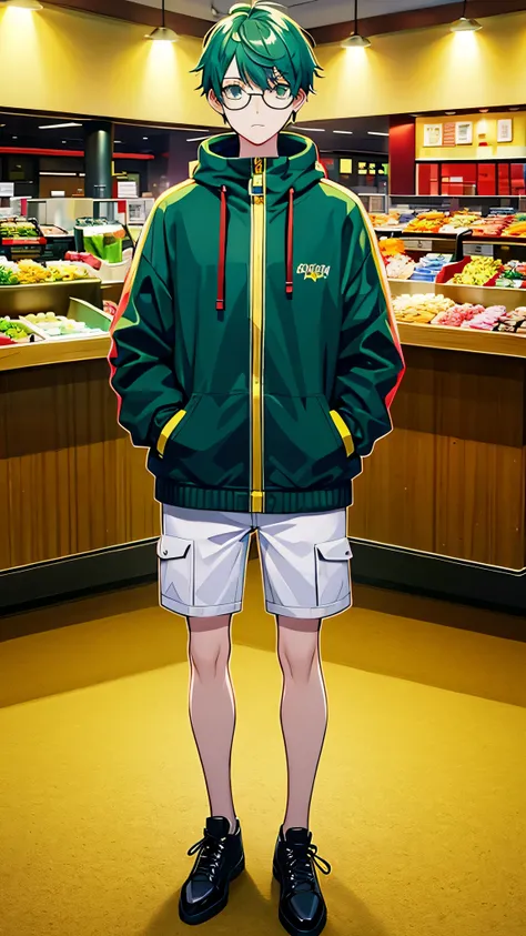 Glasses　green hair　short hair　yellow food court　put both hands in pockets　1 male　cyber punk　Backpack　view audience　full body shot
