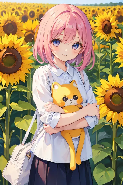 cute女の子 (((Little))) cute, stylish clothes, best smile, hug my mother、sunflower field