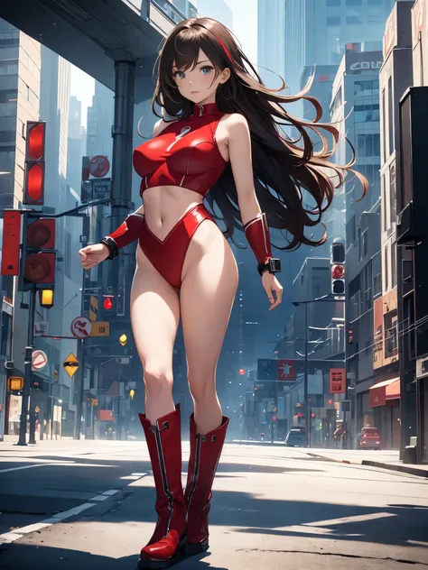 masterpiece, best quality, 1girl, medium breasts, leotard, red leotard with white accents, sleeveless, midriff, bare legs, boots, matching boots, bracelets, city backdrop, solo, single, standing, full body shot, cowboy shot, beautiful detailed eyes, medium...