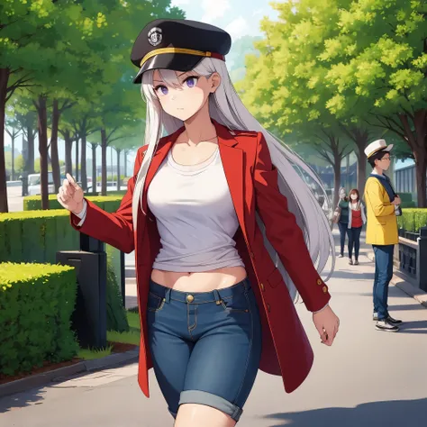 a woman wearing a white shirt, womens short denim shorts, coat over her waist, casual black hat, silver hair, purple eyes, wearing sunglasses in a park
