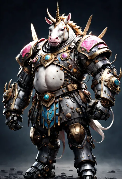 photorealistic portrait of Dressed animals - a ((fat)) unicorn warrior,(brave pose), high quality,(lovely) ,intricate detailed giant mechanical arms, highly detailed ((mechanical armor) ,,highly detailed decorations, , (brave), studio lighting,(full body i...