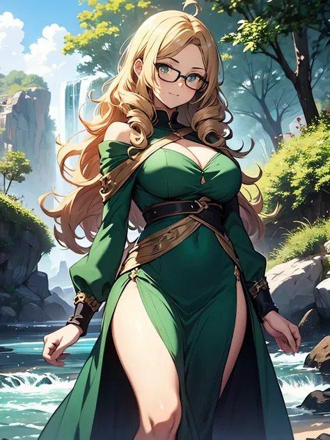 1girl, ((curly hair)), long hair, blonde hair, antenae hair, round glasses, green glasses, tainted glasses, pelvic curtain, green dress, river, fantasy anime