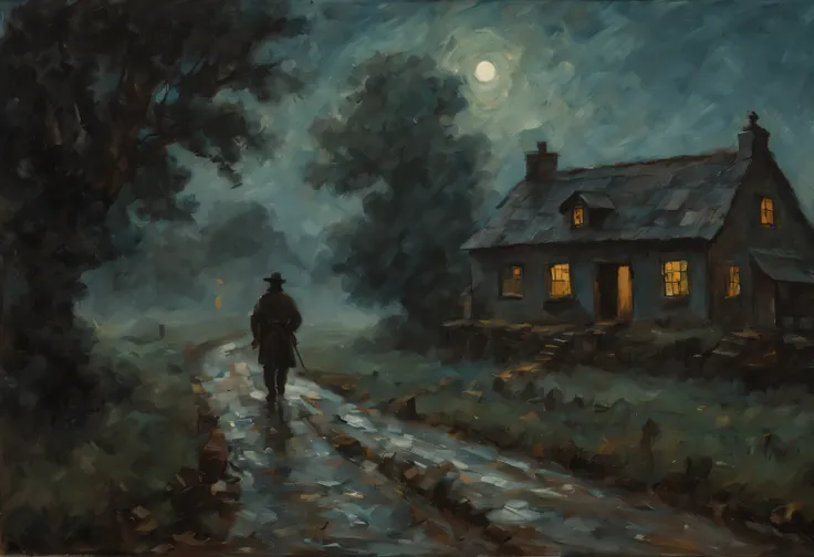 um homem carregando uma mala, Uma sombra em Forma de andador, noite estrelada, Thick fog on the ground, Luz azul no horizonte, Impasto style, an oil painting, in the style of light indigo, dark green and dark beige, barbizon school, gray and bronze, cottag...