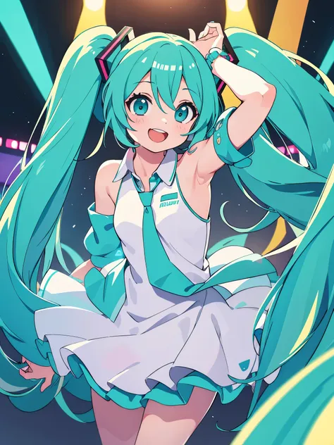 only one girl, 1girl, hatsune miku, on the concert stage, happy face, smile so wide, smooth color, amazing detail