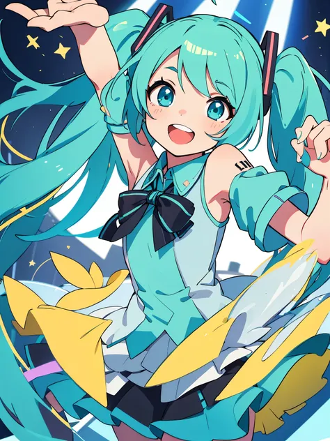 only one girl, 1girl, hatsune miku, on the concert stage, happy face, smile so wide, smooth color, amazing detail