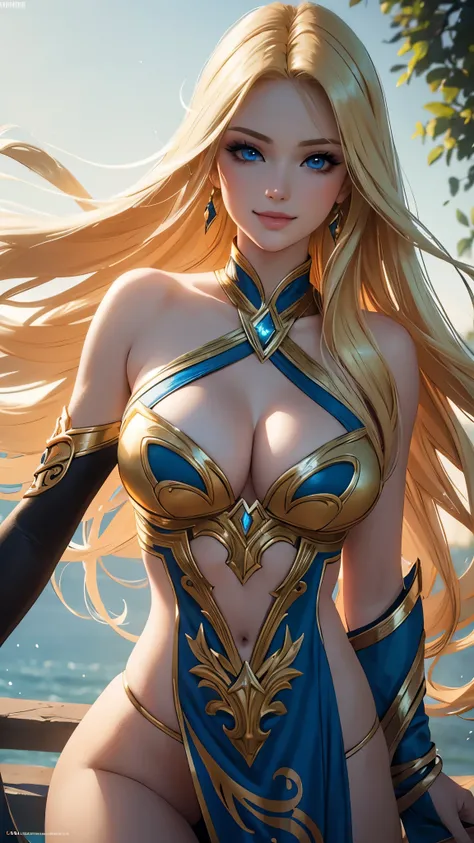 (best quality,ultra-detailed,photo-realistic:1.37),bright and vibrant colors,studio lighting,playful expression,stylish makeup,long blonde hair flowing in the wind,alluring eyes,glossy lips,sexy pose, League of Legends, Arena, smiling in a confident and se...