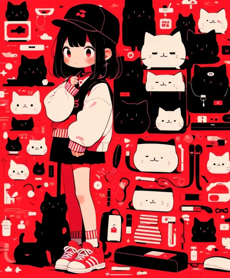 1 girl, black eyes, background, pink hat, bag, cat, red hat, drawstring, black hair, shoe, stationery box, uniform, skirt, alone...