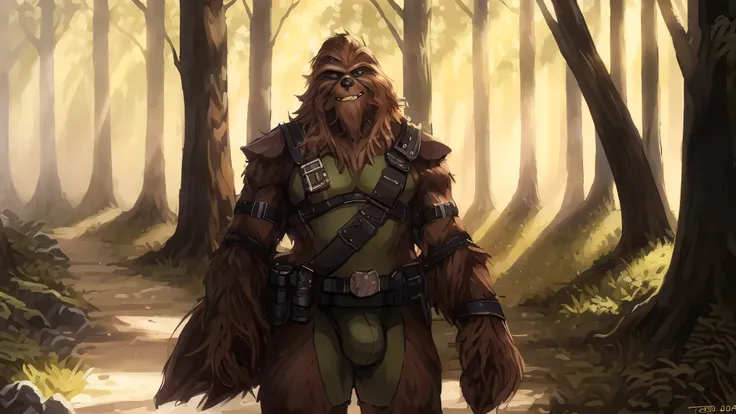 ((two tall strong male wookies wearing green leotards with a utility belt)), thigh holster, bandoleer, leather straps, tactical,...