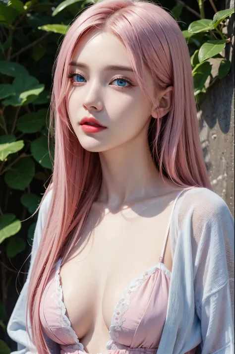 best quality, ultra high res, (photorealistic:1.4), (detailed beautiful girl:1.4), (medium breasts:0.8), looking_at_viewer, Detailed facial details, beautiful detailed eyes,pink hair, blue eyes, slender, haunting smile, (makeup:0.3), red lips, highly detai...