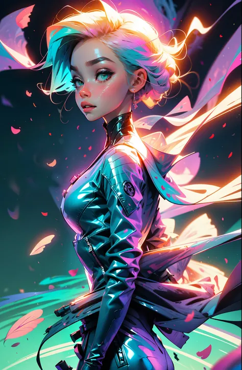 cyberpunk female woman wearing (turquoise Jacket with chromatic accents:1.1), sleek pink and White full bodysuit, side view turning to face camera, (Petal Blush, Lagoon Blue color background:1.3), amazing smile, looking at camera, golden hour