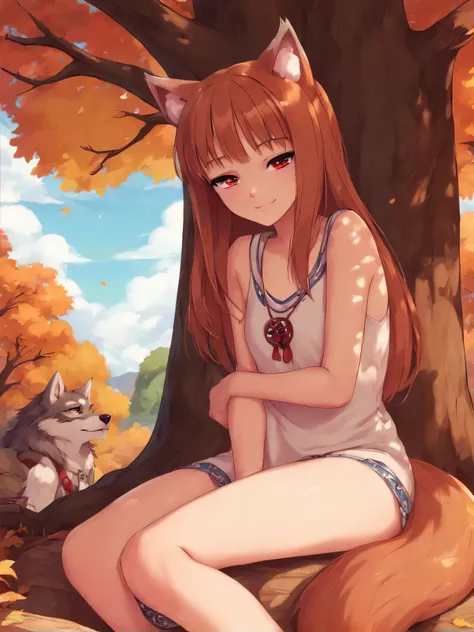 1girl, holo, animal ears, brown hair, long hair, red eyes, wolf ears, wolf girl, wolf tail, spice and wolf, BREAK sitting, looking at viewer, (half-closed eyes), seductive smile, BREAK day, bare tree, outdoors, tree, tree stump, BREAK score_9, score_8_up, ...