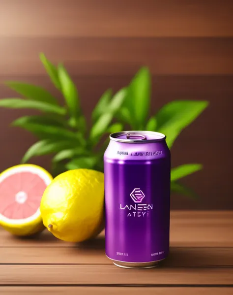 a close-up of a can of natural or latency purple energy dreunk on a wooden table, nossa pele, deseugn de embalagem, por romeunaa...