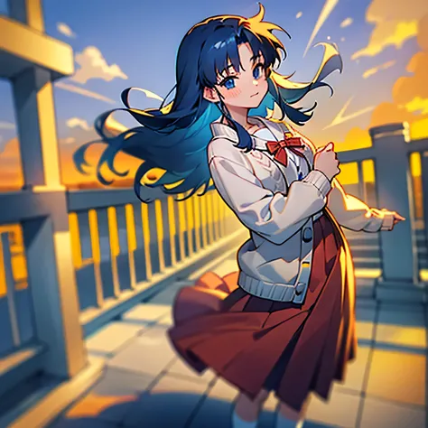 1girl, best quality, hdr, kawana misaki, one_misaki, ONE kagayaku kisetsu he, blue eyes, no eye pupils, no eye pupils, long hair, dark blue hair, school uniform, red skirt, red skirt, knee length skirt, white socks, brown shoes, white shirt with a red bow,...