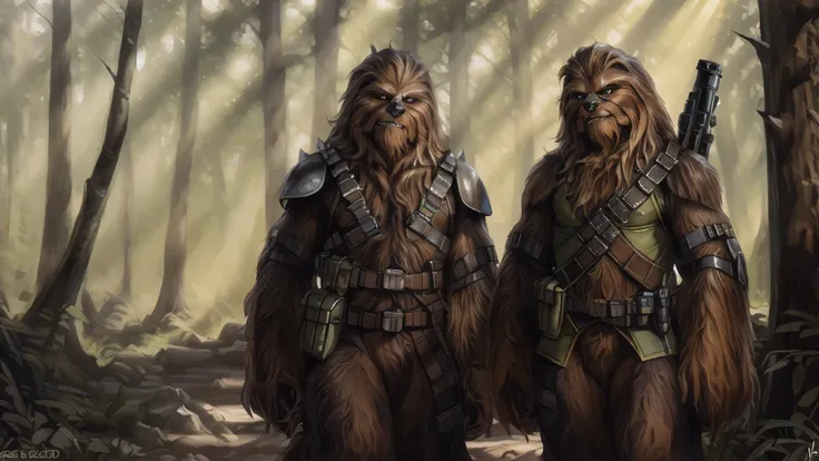 ((two tall strong male wookies wearing green leotards with a utility belt)), thigh holster, lapels, folded collar, bandoleer, le...