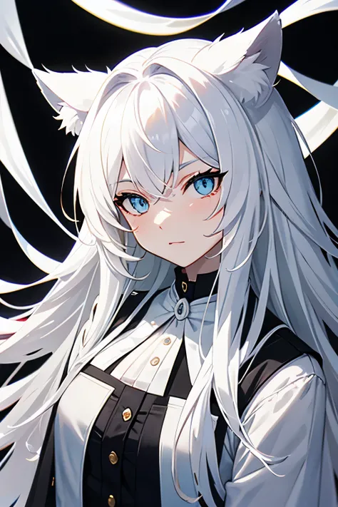 White Tiger Beast, white half-tied long hair, cat face, Half closed gray cat eyes, daily