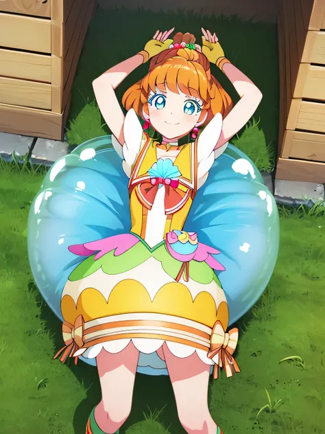 cure papaya, bubble skirt, hair bun, fingerless gloves, ribbon, earrings, hair ornament, choker, porch, yellow footwear, high quality solo, cowboy shot, lying, on back, on grass, spread arms, shy smile, closed mouth,