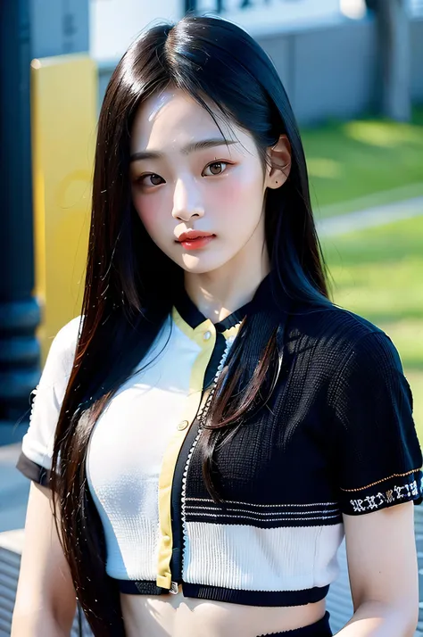 1gir, Kazuha Nakamura, Beautiful, Wearing crop top, selife, beauty, selfie from phone view, low key,(official clothing:1.4) ,long hair,black hair, black eyes, korean, pretty, winning award photo, masterpiece, detailed face, perfect face, close up