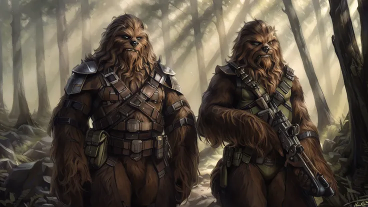 ((two tall strong male wookies wearing green leotards with a utility belt)), thigh holster, lapels, folded collar, bandoleer, le...