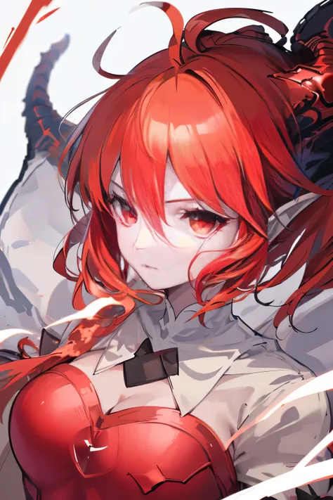 1 girl, half fire dragon, red eyes, ((((red hair)))), ((((Red Dragon Horn)))), medieval armor ((medium breasts)), (((Detailed face))) ((((8k resolution)))), main part, 4K resolution, ((high quality))