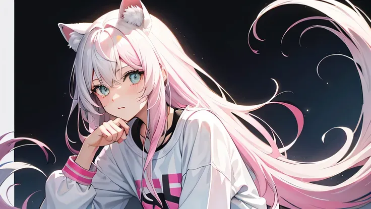 white tiger, Pink and gray half up long hair, cat face, half closed gray cat eyes, Casual clothing, loose posture, hand doing v