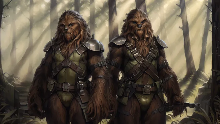 ((Two tall strong male wookies wearing green leotards with a utility belt)), front view, looking at viewer, back view, butt, thigh holster, lapels, folded collar, bandoleer, leather straps, tactical, Star Wars blaster, gun, dilf, wide hips, shoulder pads, ...