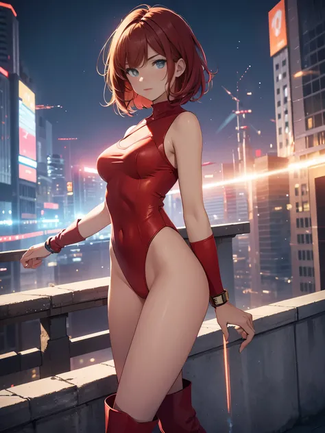 masterpiece, best quality, 1girl, medium breasts, leotard, red leotard with white accents, sleeveless, midriff, bare legs, boots, matching boots, bracelets, city backdrop, solo, single, standing, full body shot, cowboy shot, beautiful detailed eyes, red ha...