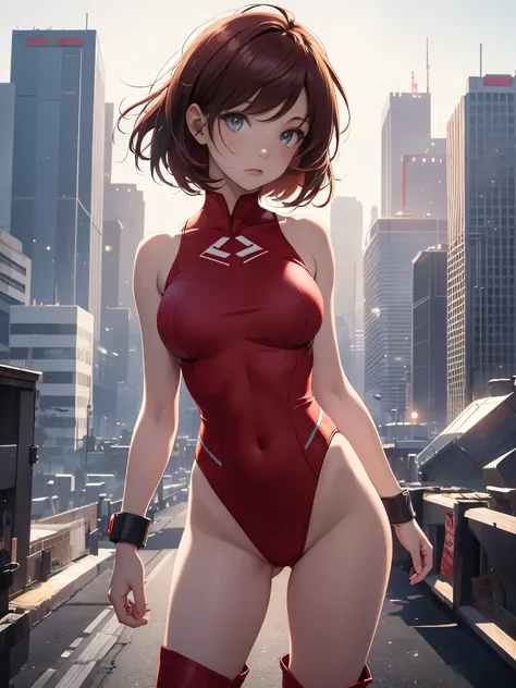 masterpiece, best quality, 1girl, medium breasts, leotard, red leotard with white accents, sleeveless, midriff, bare legs, boots, matching boots, bracelets, city backdrop, solo, single, standing, full body shot, cowboy shot, beautiful detailed eyes, red ha...