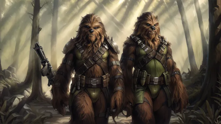 ((Two tall strong male wookies wearing green leotards with a utility belt)), front view, looking at viewer, back view, butt, thigh holster, lapels, folded collar, bandoleer, leather straps, tactical, Star Wars blaster, gun, dilf, wide hips, shoulder pads, ...