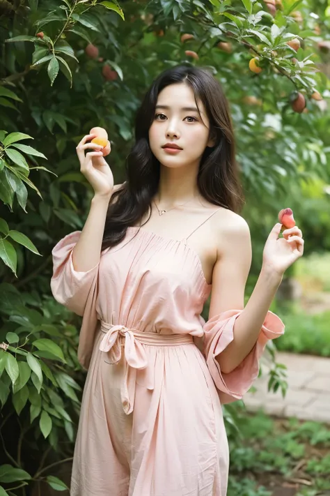 In the heart of a luscious peach garden, a young girl dressed in a pink toned summer outfit is captured amidst the ripe fruits and blooming flowers. The delicate fabric clings to her slender figure, accentuating her youthful charm. She stands with a gracef...