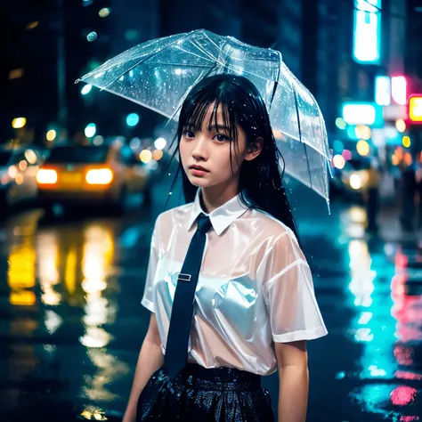 (realistic,photorealistic:1.37), Thai girl in the rain, wet shirt, transparent shirt, raindrops on the skin, wet hair, vibrant colors, rainy atmosphere, urban background, shiny lights, city reflections, moody lighting, wet pavement, rain-soaked environment...