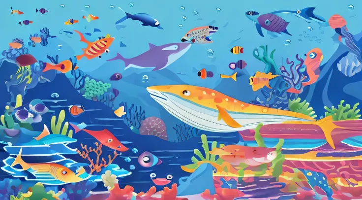 in the ocean,  fish swimming, colorful illustrations, coral reef, 在seabed, fish swimming, colorful kids&#39;s book illustration,...