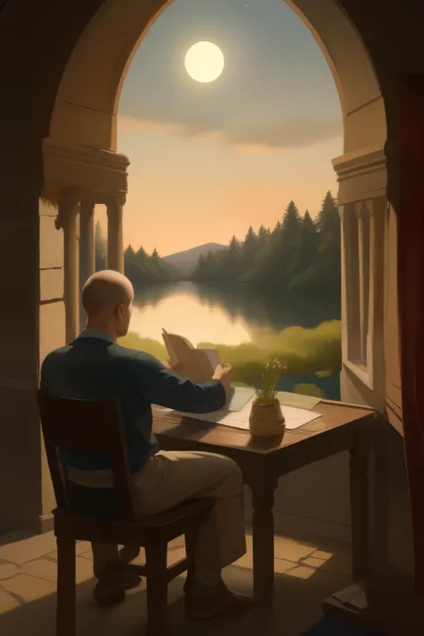 A furry, solo, introspectively pondering on the couch, during sunset over a serene lake, background.

Or,

An anthropomorphic critter, seated thoughtfully on an old wooden chair, with a backdrop of starry night and the majestic moon, peeking through the wi...