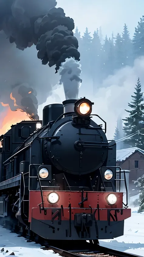 Smoke coming from locomotive center、headlight、native village、A cinematic scene、by Ghibli Studio、midynight、It snowed heavily、Snow blowing、snow cover、bigger、On the table,Best quality at best,Sketch style、