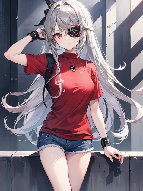 1girl, Laura bodewig, grey har, infinite stratos, red iris, wearing grey shirt, eyepatch, denim shorts, high res, ultrasharp, 8k, masterpiece, looking at viewer