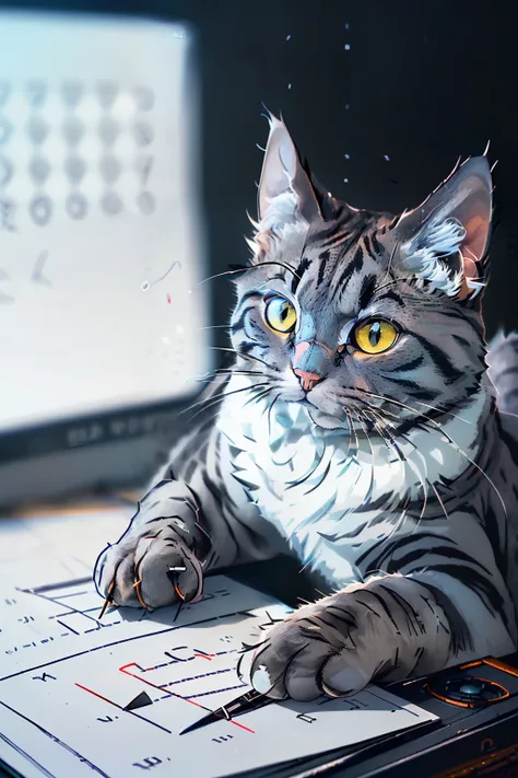 (maine cat, gray: 1.3), (Doing math problems: 1.5), (Film photography session: 1.2), (85mm focal length: 1.4), (A lot of digital equipment: 1.7),
(Sharp cat features: 1.4), (Masterfully captured on film: 1.6), (Manipulating numbers with pen and paper: 1.3)...