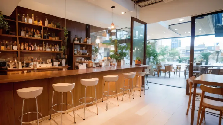 arafed bar with wooden counter and stools and plants, cafe interior, restaurant interior photography, bar, modern lush condo as ...