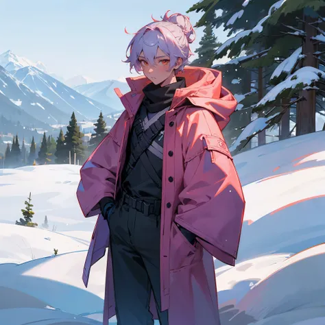 1male, young teen, tan skin, finely detailed coral eyes, medium messy hair with braided man bun, pale lavender hair color, snow suit, poncho, ski googles, bandages wrapped around arms, bandolier across chest, standing with hands in pocket, standing on snow...