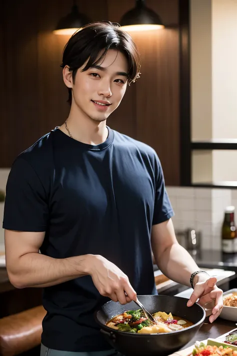 highest quality, masterpiece, ultra high resolution, (realistic:1.4), RAW photo, 30 year old handsome Japanese man、good looking、short hair、Ｔshirt、smile、at the restaurant、meal、Cooking on the table