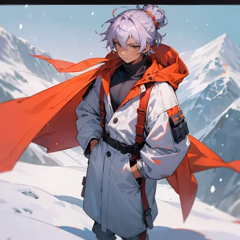 1male, young teen, tan skin, finely detailed coral eyes, medium messy hair with braided man bun, pale lavender hair color, snow suit, poncho, ski googles, bandages wrapped around arms, bandolier across chest, standing with hands in pocket, standing on snow...