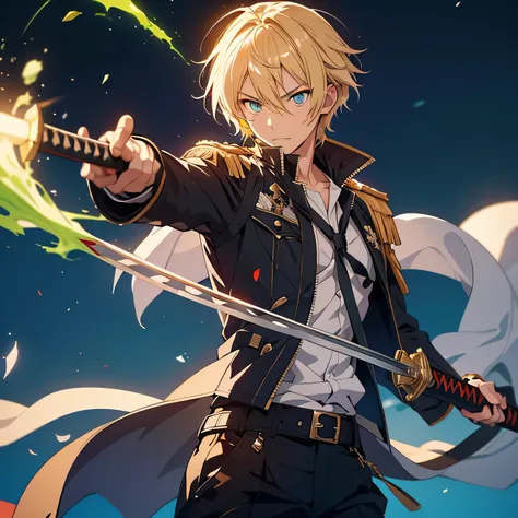 singular young adult male, bleach soulreaper fighter, messy blonde hair, light lime green eyes, wielding a katana, wearing a black cloth uniform, muscular