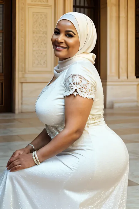 moda gorda, uma velhinha bonita, 60 anos de idade, (maduro), curvy body, (vestindo um hijab branco), (usando um lindo vestido), ...