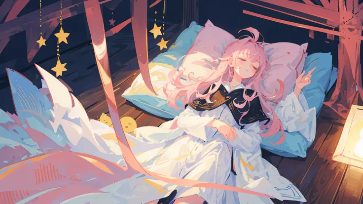 (masterpiece, high quality, detailed), Pink, White, 1girl, (close one&#39;s eyes:1.2), (peaceful sleeping face:1.5), big fluffy hair, long hair,, busty, baggy white pajamas, in bed, There are a lot of pillows, dreamy, comfortable, night time, enlargement